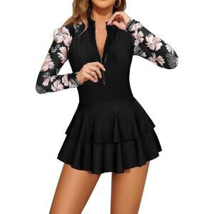 셰키니 여성 긴팔 래시 가드 수영복 엄지 구멍 서핑 프린트 원피스 지퍼 스커트 셔츠