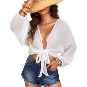 여성 수영복 커버업스탑 슬리브 셔츠 튜닉 셀프타이 비키니 롱 소프트 비치