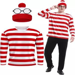 팬시펀 3피스 남성 할로윈 코스튬 세트 성인 코스프레 빨간색과 흰색 줄무늬 셔츠 모자와 너드 안경