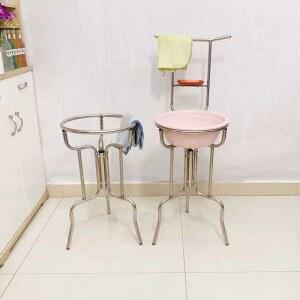 세수대야받침대 허리 보호 원목 거울 하얀색 간이 이동식 스텐 화장실 홀더