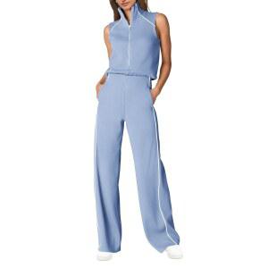 센세리스 여성 레그 와이드 점프슈트 여름 포켓 모의넥 로퍼 드레시 상의 팬츠 민소매 캐주얼