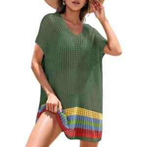 도코투 여성 비키니 컬러 수영복 비치 드레스 미니 커버업 사이드 블록 스트라이프 크로셰 스플릿