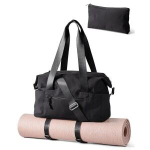 요가 매트 홀더가 있는 스마스롭 스몰 짐 가방 젖은 포켓 및 별도의 파우치 크로스바디 어깨끈이 탈부착 가능한 여성용 더플백 블랙