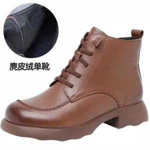 원더맨 여성용 가을 데일리룩 신발 플랫워커 헤드업 소가죽 기모 싱글 부츠 엄마룩 앵클 리얼 가죽 통굽 KU