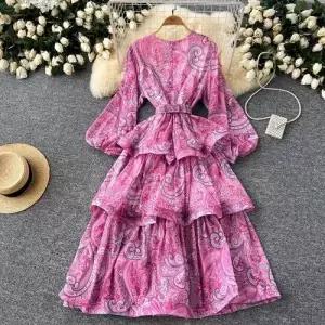 앤트맨 치마 롱 빈티지 여성원피스 티쉬프렌치 초롱 긴팔 라운드넥 조거 프린트 프릴 케이크 여1감 OPH1