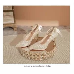 여성용 MN 하이힐 프렌치 웨딩 슈즈 크리스탈 힐 스틸레토 수화 드레스 투웨이 리본 스팽글 가보시 단화 OO