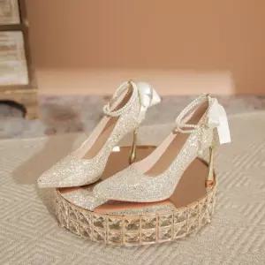 여자 힐 프렌치 진주 하이힐 펌프스 샴페인 체인 단화 않는 굽이 가보시 MN 리본 지치지 스팽글 OOTD5