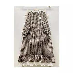 타노스여친 원피스 가을 빈티지 체크 프릴 컨트리풍 데일리룩 자수 면마 긴팔 롱스커트 쉬폰 루즈핏 KUK3