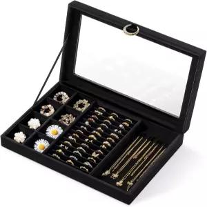 버스디스 유리 뚜껑 주얼리 정리함 - 링 슬롯 목걸이 후크 및 귀걸이 반지 팔찌를 위한 탈착식 수납공간이