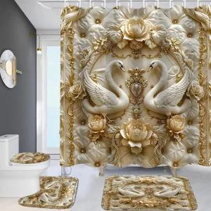 ZLQQ 4Pcs 3D 스완 샤워 커튼 세트 러그 릴 진주 욕실 미끄럼 방지 변기 뚜껑 커버 및 12 후크의 배스 매트