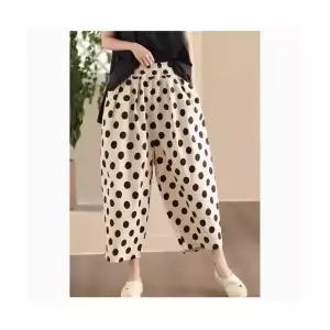 EAMT 여자 봄 바지 앤티크 빈티지 프린트 사이즈트 배기팬츠 밴딩 와이드 슬림핏 면마 캐주얼 9부 팬츠 EUN