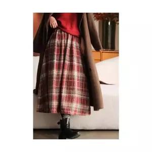 EAMT 여자 정장 스커트 모직 밴딩 체크 빈티지 A라인 EUNG1
