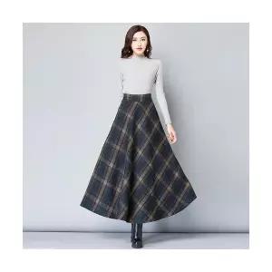 EAMT 여자 정장 스커트 모직 빈티지 롱 추동 체크 EUNG3