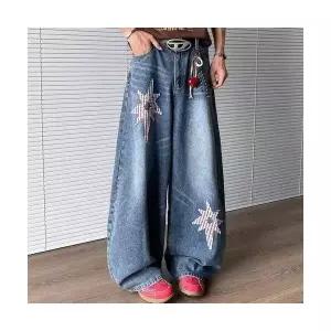 EAMT 남성 빈티지 워싱 별 패치 청바지 슬림핏 커프스 바지 YJ1