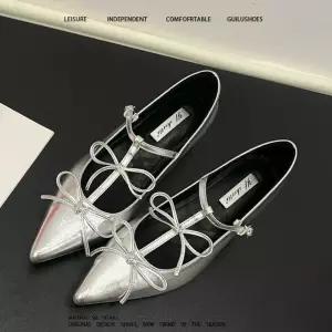 속굽 키높이 리본 플랫슈즈 인도어 가죽 플랫 화이트