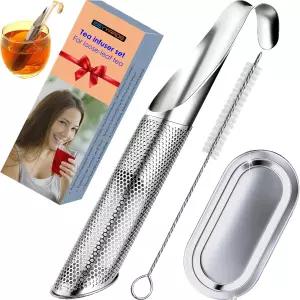 루즈 티용 스테인리스 스틸 티 인퓨저 세트 - 긴 손잡이 후크 드립 트레이 청소 브러시가 있는 내구성 식품