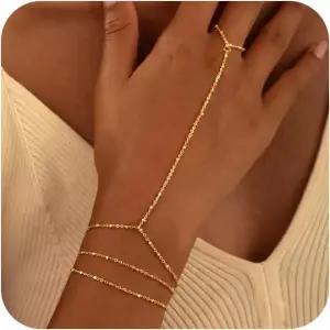 여성용 CHESKY 14K 골드 도금 핸드 체인 팔찌 세트 - 앙증맞은 핑거 링 스택 조절 가능한 내구성 있는 구슬