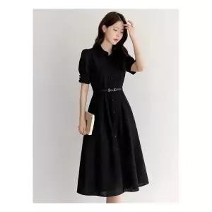 시크라인 ~XXL까지 블랙 카라 퍼프 소매 콩단추 벨트 플레어 원피스 여름 하객룩 오피스룩 데이트 모121858