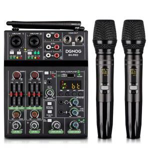 오디오 믹서 듀얼 무선 마이크가 장착된 4채널 사운드 보드 콘솔 MP3 블루투스 48V 파워 USB 인터페이스 DJ 믹싱 가정용 노래방 파티 컴퓨터 스튜디오
