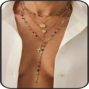 여성용 TMDSHS 실버 레이어드 크로스 목걸이 세트 4Pcs 진주 로사리 초커 청키 크리스찬 펜던트 빈티지 롱