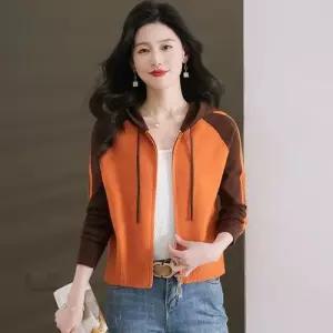 EAMT 여자 니트 숏코트 집업 루즈핏 스웨터 봄가을 탑 가디건 배색 후드 EUNG3