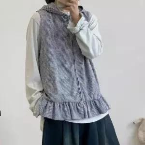 EAMT 여성 체크 후드 집업 톱 조끼 민소매 계 EUNG1