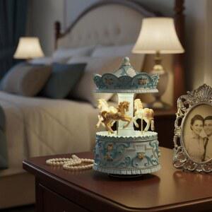 미스터 윈더 우아한 블루 캐러셀 뮤직 박스 수제 회전 말 및 꽃 디 뮤지컬 피규어 생일 크리스마스 발렌타인데이 홈 데코 플레이 유 아 마이 선샤인