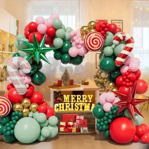 163PCS 크리스마스 풍선 갈랜드 아치 키트(레드 그린 핑크 골드 캔디 캔 레드 및 폭발 별 포함) 새해 파티