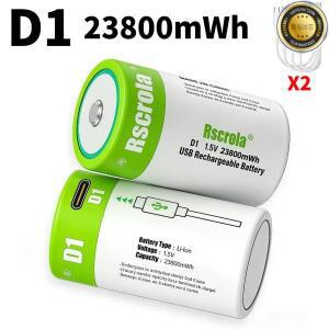 23800mWh 고용량 LR20 D1 충전식 배터리 - 1.5V 리튬 폴리머(Li-Po) USB-C 케이블을 통한 고속