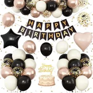 여성 남성을 위한 블랙 골드 생일 장식 파티 모래 화이트 샴페인 풍선 하트 포일 축하 배너 보호