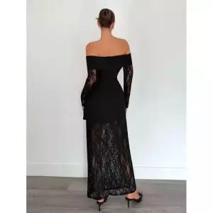 EAMT 원피스 여자 롱 레이스 페미닌 무채색 드레스 오프숄더 YJ1