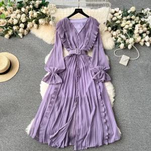 EAMT 원피스 스커트 롱 셔링 슬림 여성원피스 버튼 바캉스 봄가을 쉬폰 YJ1