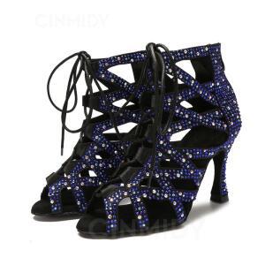 여성용 라틴 댄스 슈즈, 다이아몬드 상감 하이힐 쿨 부츠, 살사 모던 차차 삼바 퍼포먼스 포인티드