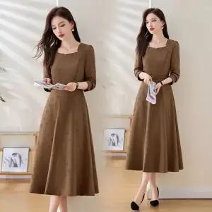 EAMT 원피스 여성 가을 스퀘어넥 정장 롱스커트 엠보 시크 긴팔 스트링 가벼운 EUNG3