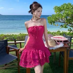 원피스 스커트 미니 노출 자수밑단 A라인 해변휴가 여성원피스 쇼트 튜브톱 허리밴딩 어깨 프릴 해변바캉스