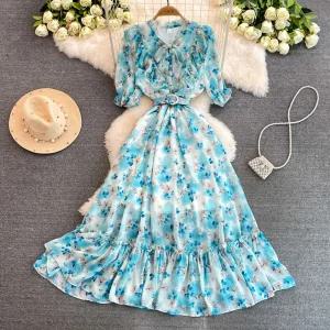 원피스 스커트 롱 플라워 바캉스 허리를 잡아주어 여성원피스 프릴이 비치 브이넥 A라인 패션 보헤미안 OP1