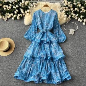 빈티지 스커트 롱 긴팔 초롱 프릴 케이크 조거 티쉬프렌치 라운드넥 프린트 여성원피스 여1감 OP1