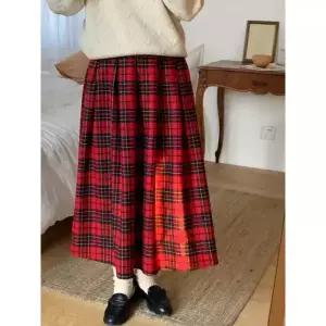 루타꽁몰 여성 치마 레드 울 롱 빈티지 중기장 체크 플리츠 A라인 HO1