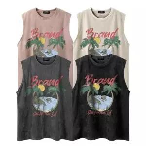 남성 빈티지 캐주얼 나시 티셔츠 프린트 힙합 자수 해변 민소매 루즈핏 야 KS1