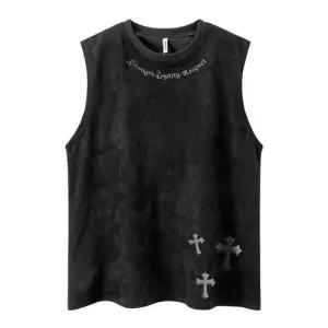 남성용 빈티지 나시 스트리트 십자가 루즈핏 프린트 티 힙합 세무 민소매 남인스패션 KS1