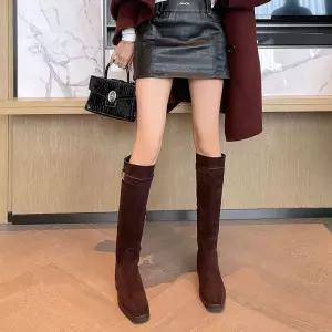 롱 빈티지 여자 지퍼 라운드 하이 퍼플 롱부츠 부츠 다크 통굽 나이트 라이더 버클 스웨이드 신발 메탈 KS5