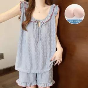 수피 빈티지 하계 커플 잠옷세트 파자마 컴포트 작은 소매 반바지 세트 패드 부착 궁중 실내복 JEN1