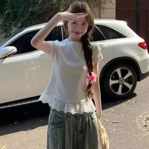 여성 레이스 포인트 슬림 핏 화이트 티셔츠 반팔 블라우스