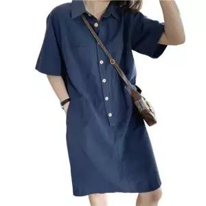 여름 데일리 카라넥 단추 니트원피스 미디 기장 니트티셔츠