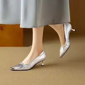 여사친 빈티지 힐로 가지 실버 무리가 프렌치 발에 리얼 스틸레토 가죽 하이힐 않음 CH5