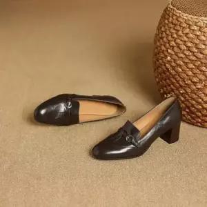 검정 여성 오피스룩 빈티지 토 양가죽 통굽 하이힐 스몰 펌프스 힐 소프트 라운드 로퍼 구두 CH5