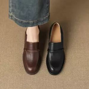 여성 빈티지 기모 소가죽 단화 통굽 털 로퍼 하이힐 CH5