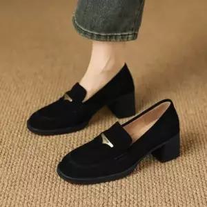 여자 앤티크 스크럽 힐 단화 하이힐 통굽 토끼털 리얼 기모 라운드 로퍼 가죽 CH5