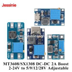 10개/1개 MT3608 SX1308 2A DC-DC 스텝 업 컨버터 보드 조절 가능 부스트 모듈 2V-24V 5V 9V 12V 28V로