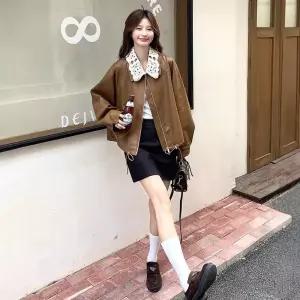 피로달 여자 캐주얼 칼라 레이스 가죽 재킷 터틀넥 숏 PU 점퍼 코트 봄가을 HO3